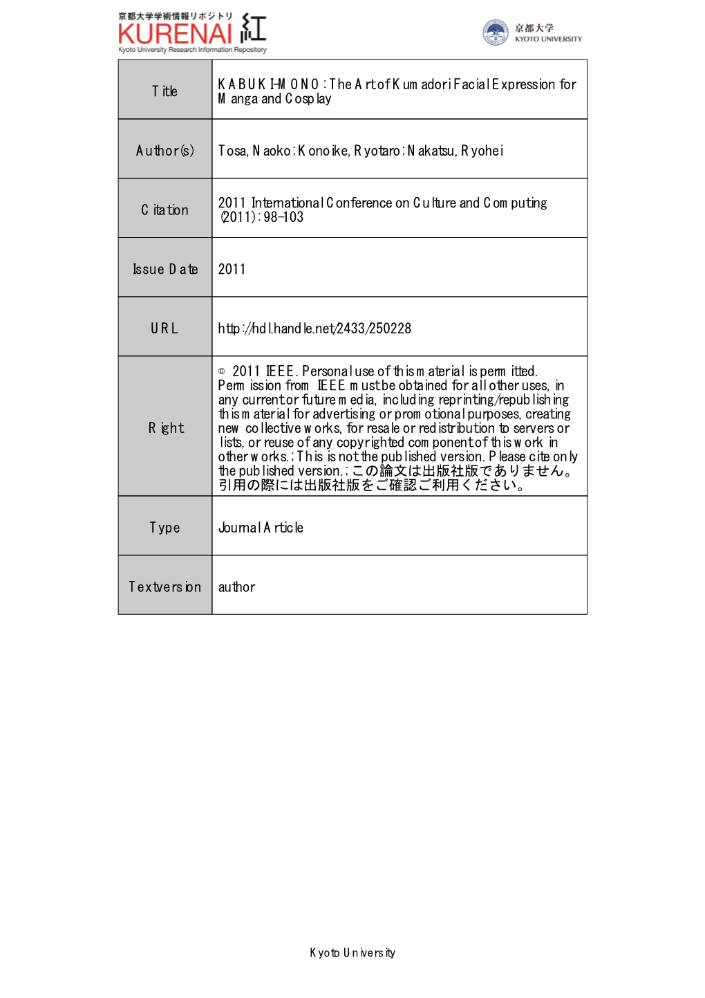 Title KABUKI-MONO: the Art of Kumadori Facial Expression for Manga and Cosplay Author(S) Tosa, Naoko; Konoike, Ryotaro; Nakatsu