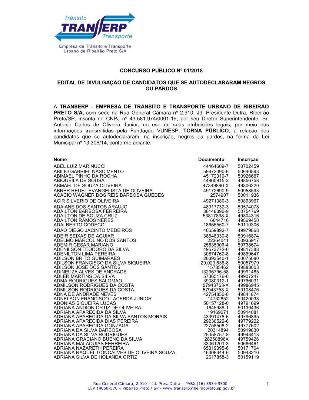 Concurso Público Nº 01/2018 Edital De Divulgação De Candidatos Que Se Autodeclararam Negros Ou Pardos a Transerp