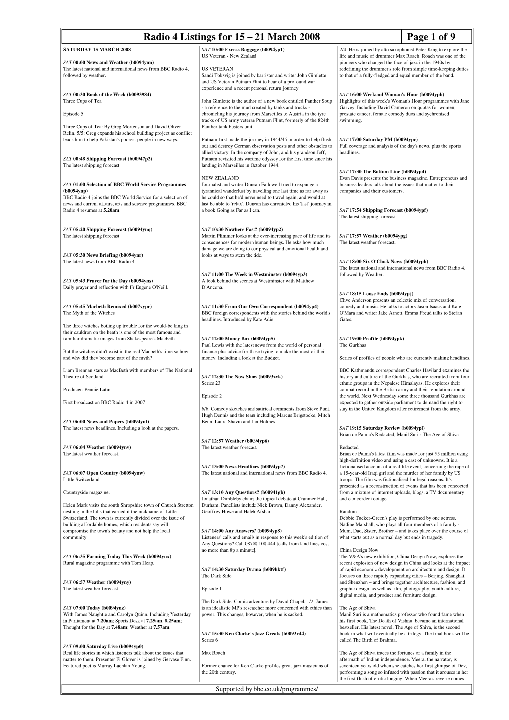 Radio 4 Listings for 15 – 21 March 2008 Page 1 of 9 SATURDAY 15 MARCH 2008 SAT 10:00 Excess Baggage (B0094yp1) 2/4