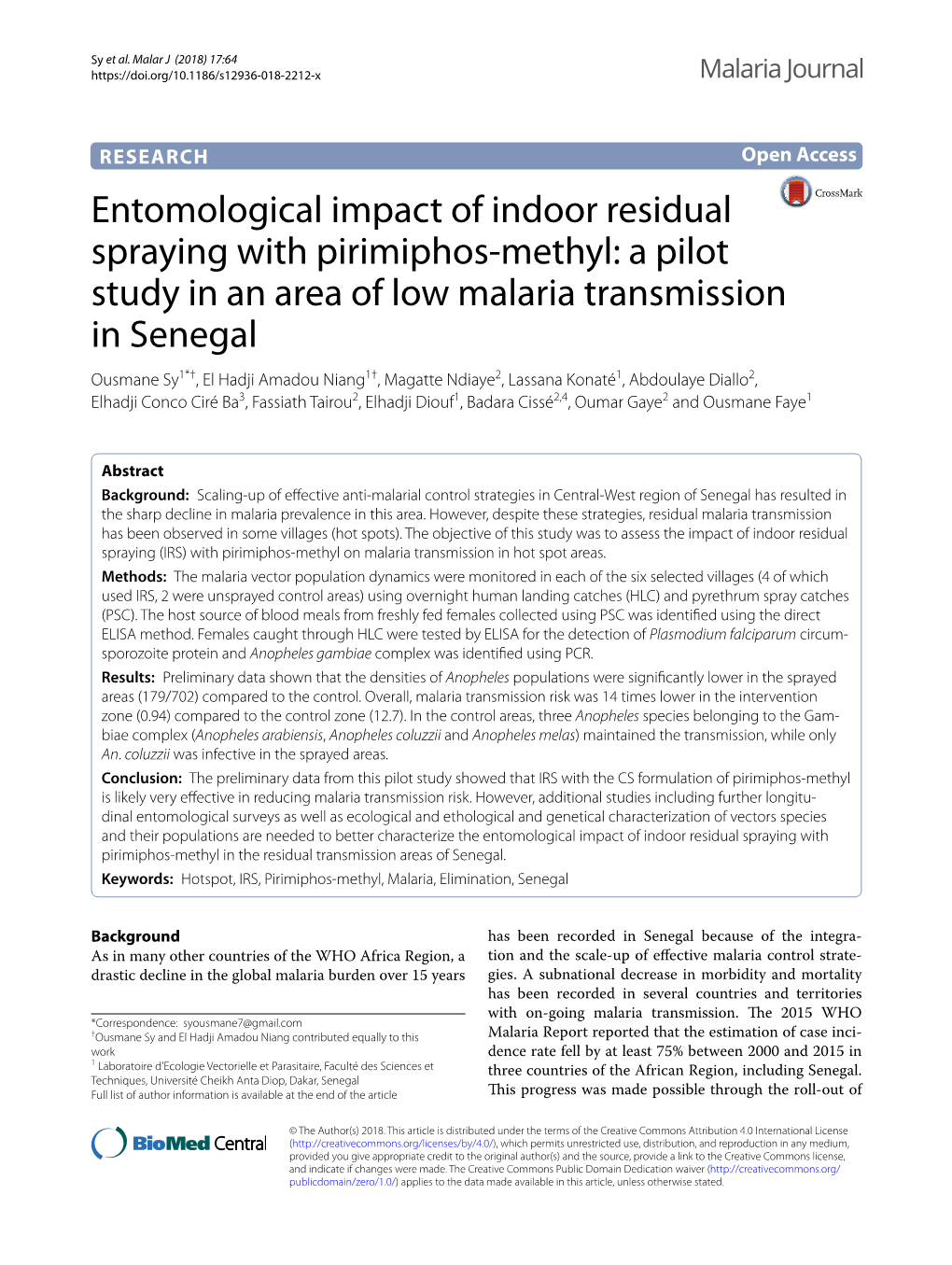 Entomological Impact of Indoor Residual Spraying with Pirimiphos