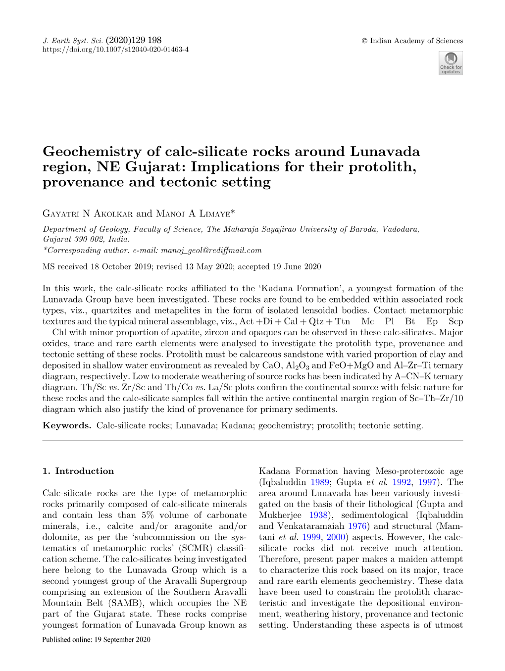 Geochemistry of Calc-Silicate Rocks Around Lunavada Region, NE Gujarat: Implications for Their Protolith, Provenance and Tectonic Setting