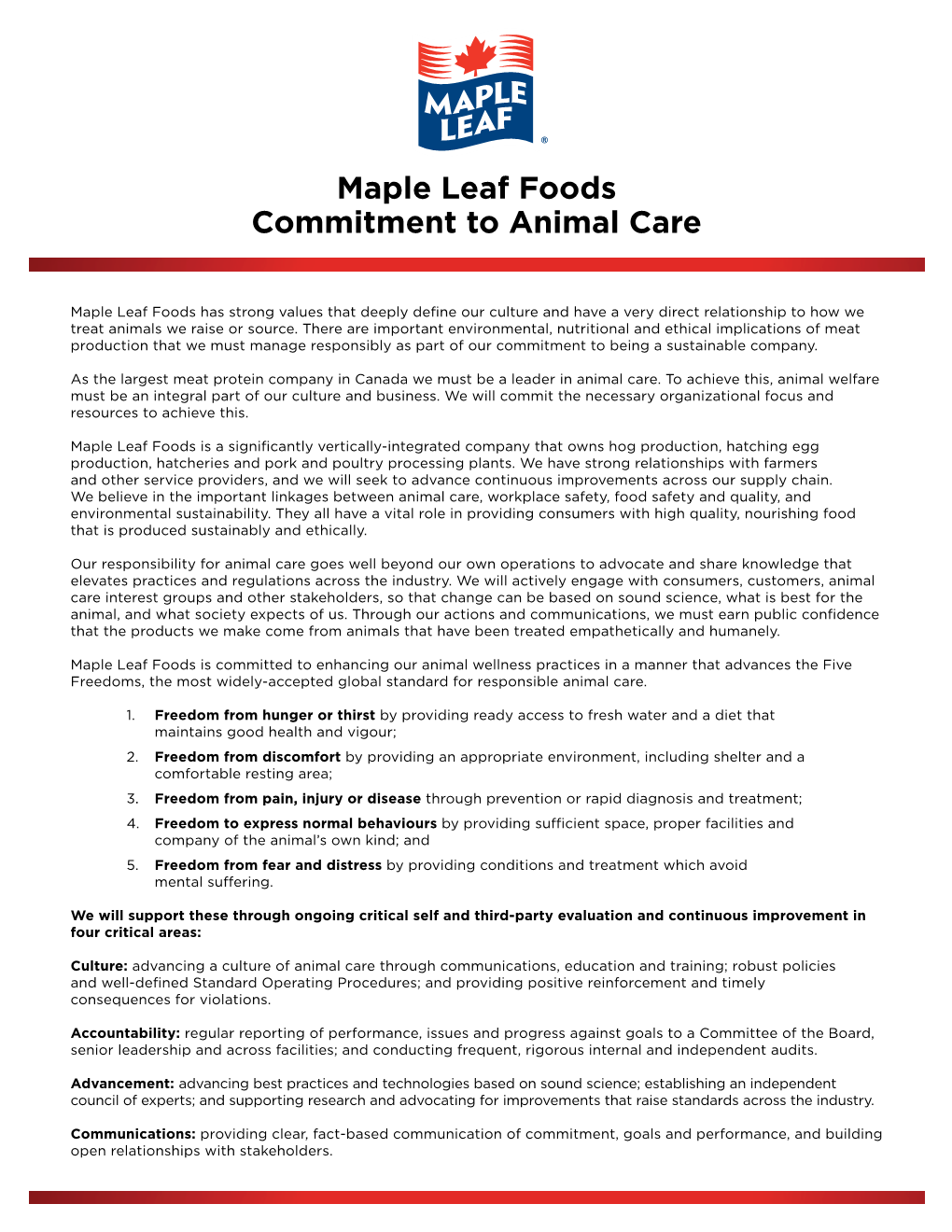Maple Leaf Foods Commitment to Animal Care