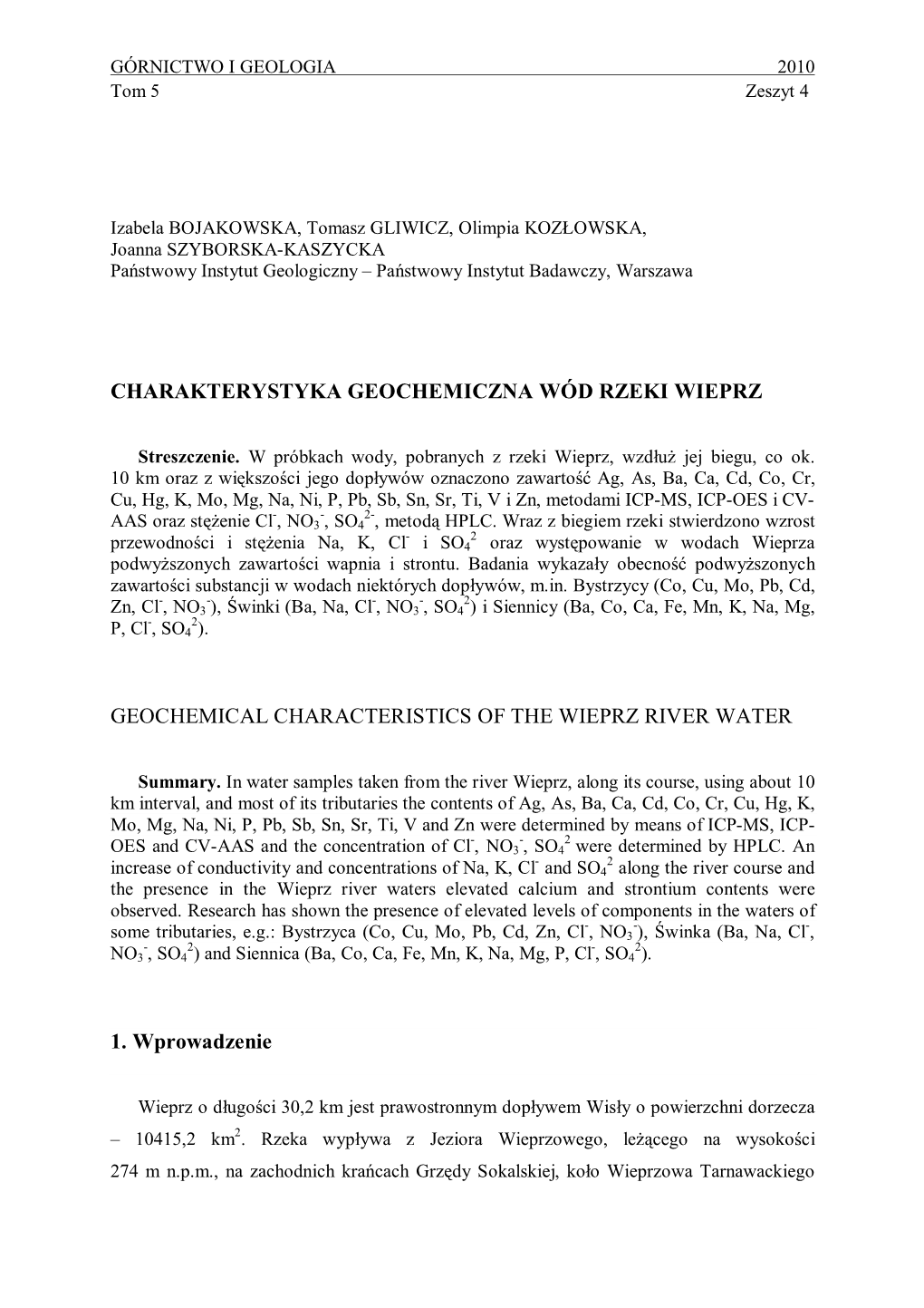 Charakterystyka Geochemiczna Wód Rzeki Wieprz