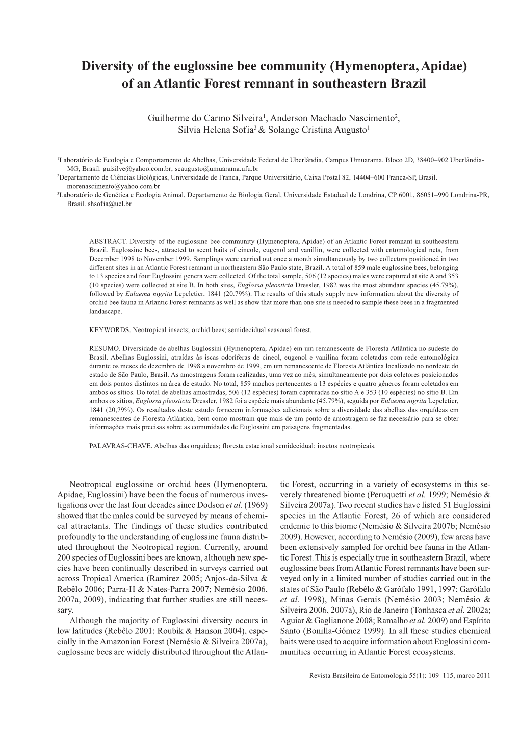 Hymenoptera, Apidae) of an Atlantic Forest Remnant in Southeastern Brazil