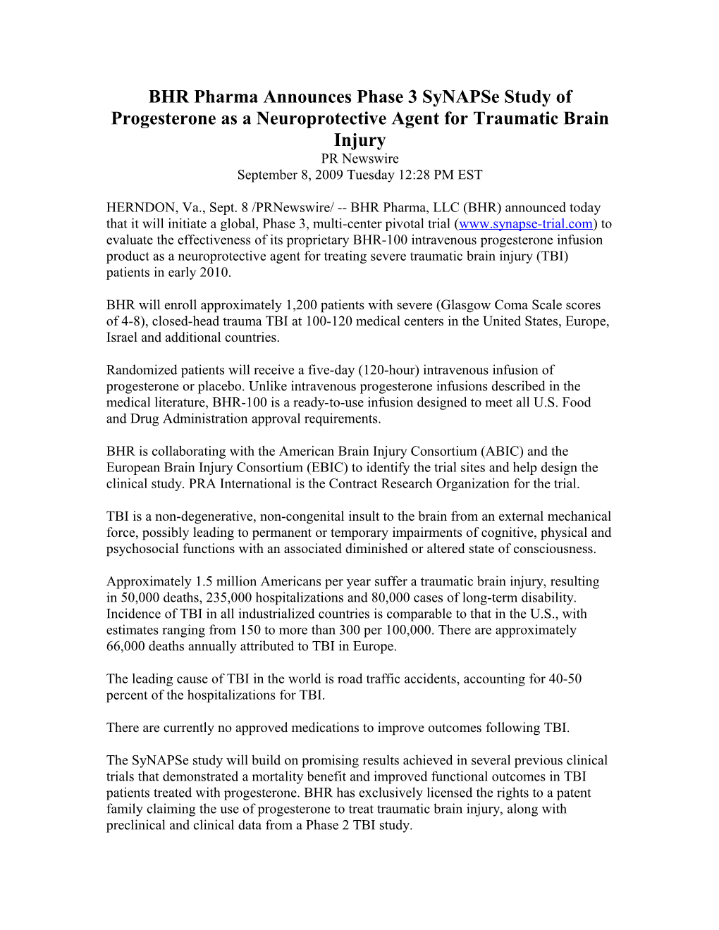 BHR Pharma Announces Phase 3 Synapse Study of Progesterone As a Neuroprotective Agent For