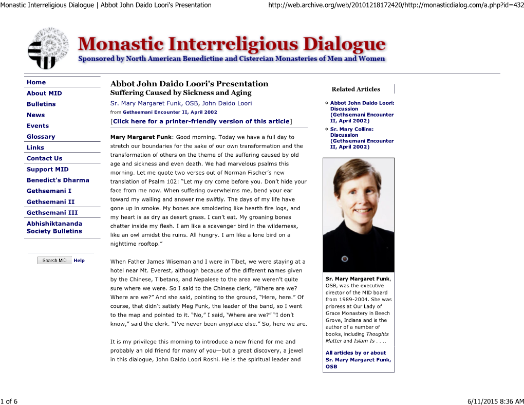 Monastic Interreligious Dialogue | Abbot John Daido Loori's Presentation