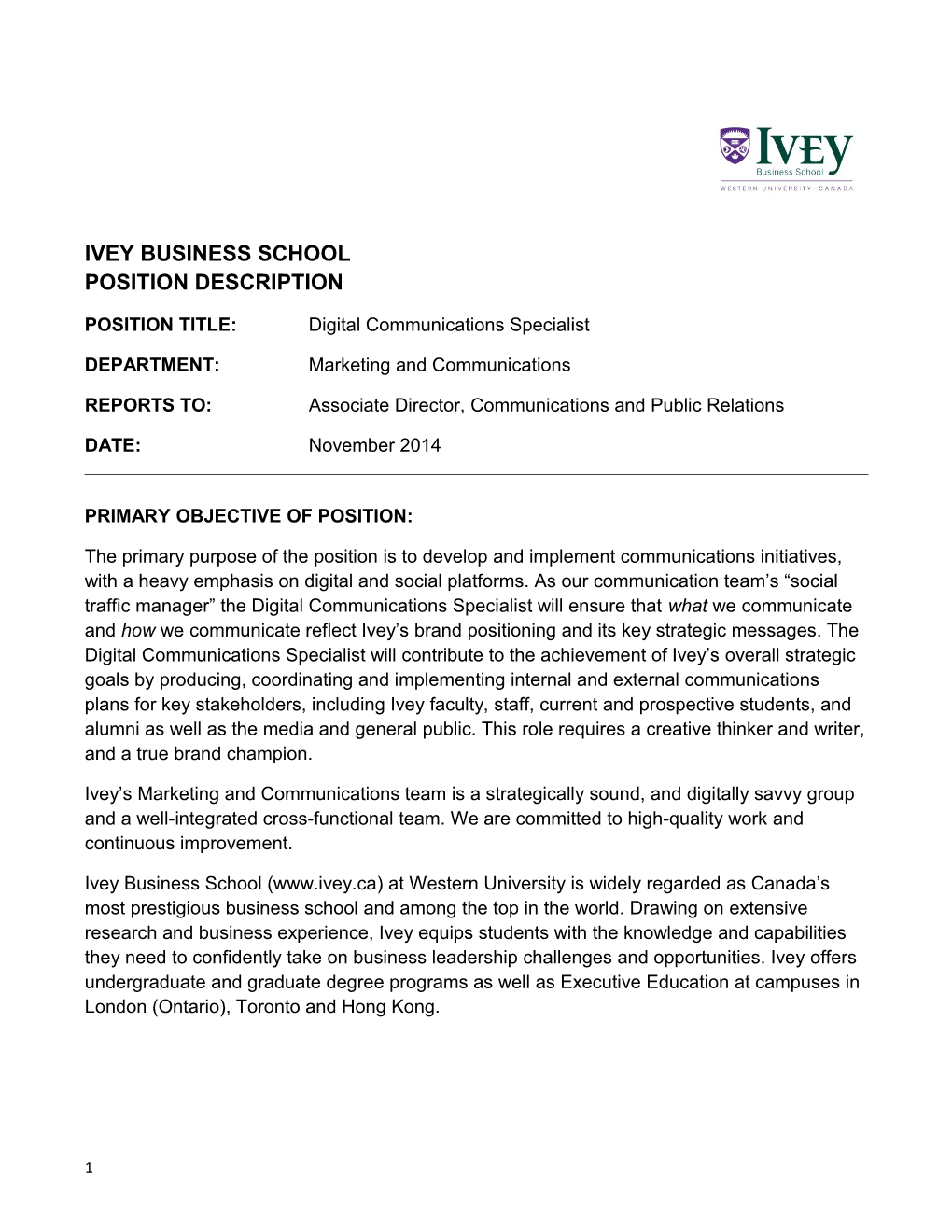 Ivey Business School Position Description