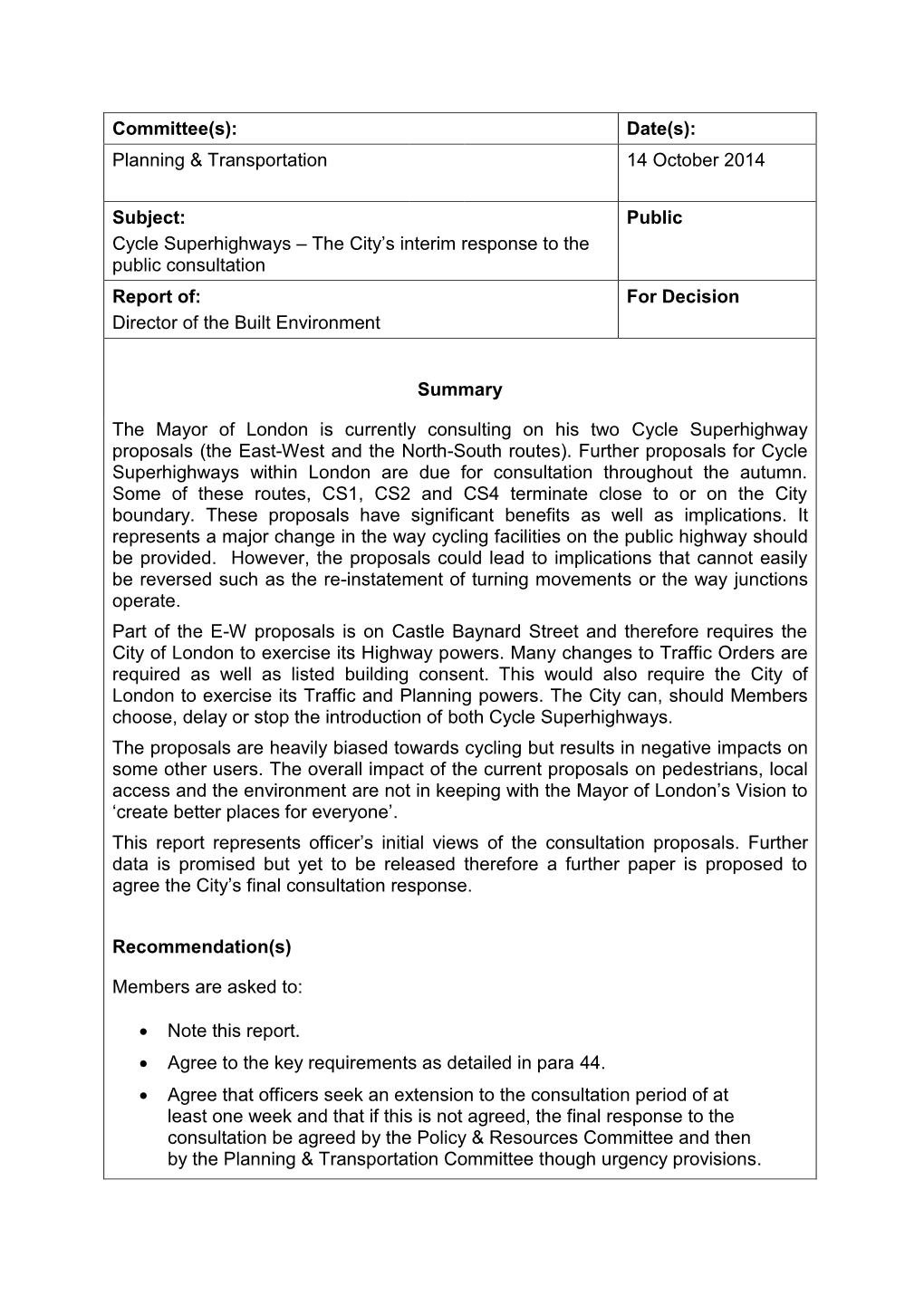 Report Of: for Decision Director of the Built Environment