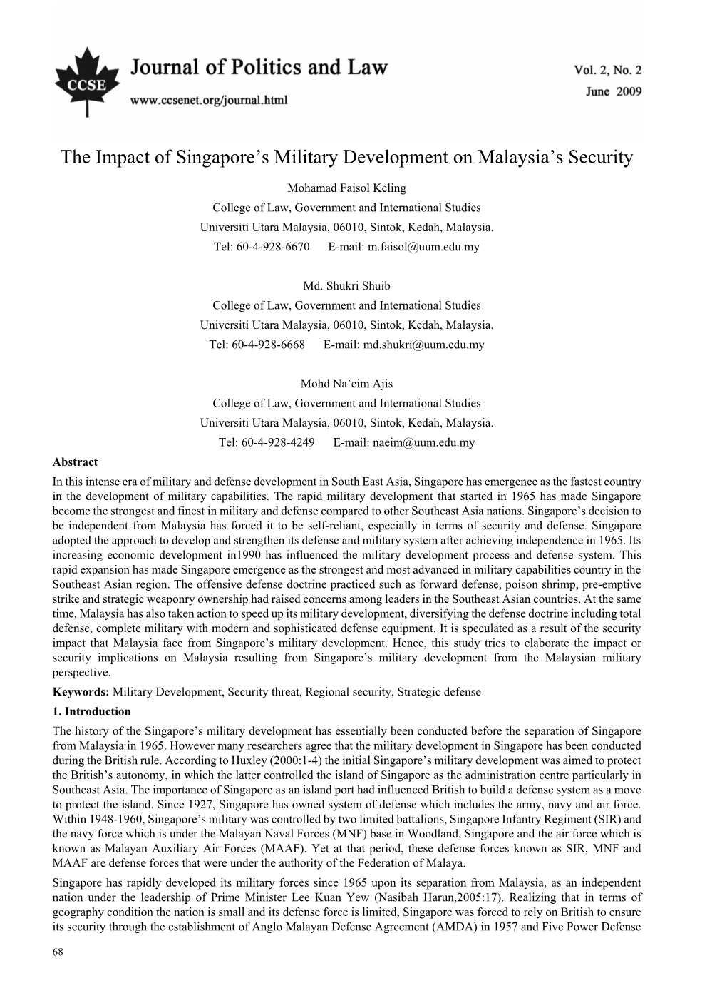 The Impact of Singapore's Military Development on Malaysia's Security