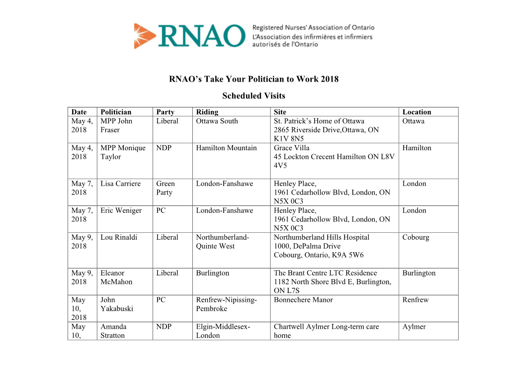 RNAO's Take Your Politician to Work 2018 Scheduled Visits