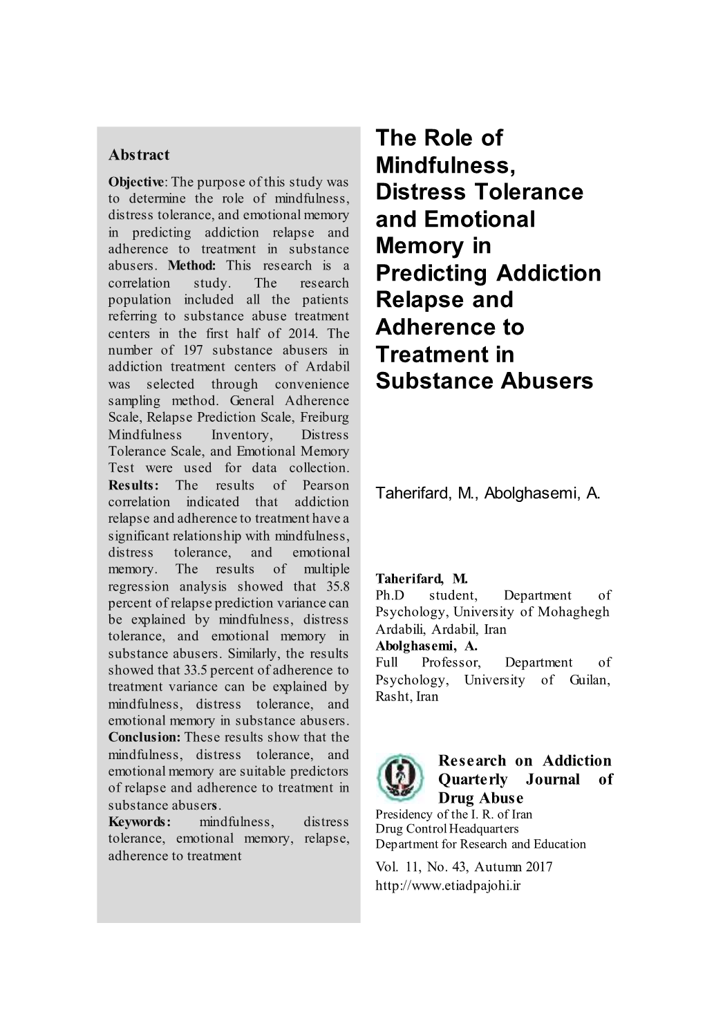 Research on Addiction Quarterly Journal of Drug Abuse