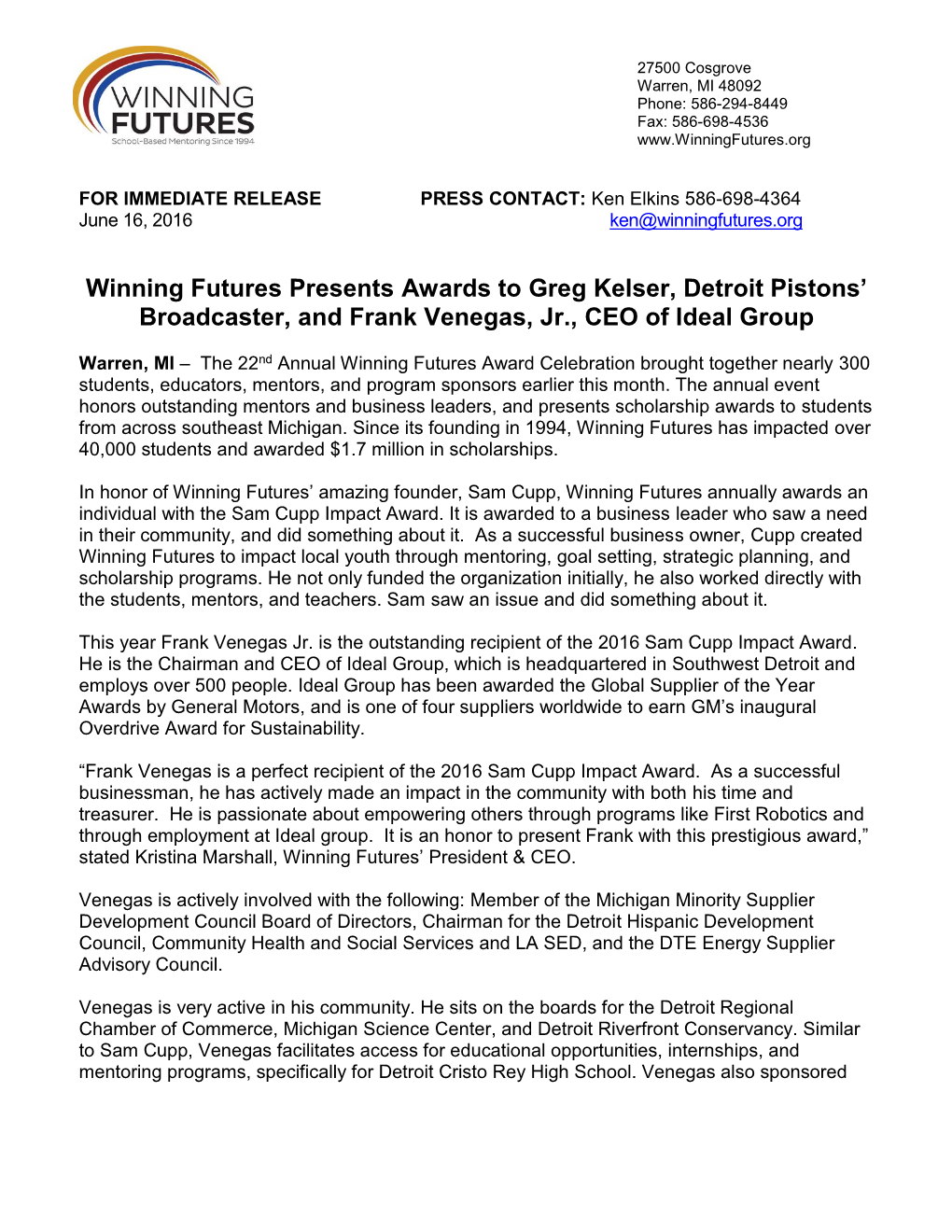 Winning Futures Presents Awards to Greg Kelser, Detroit Pistons’ Broadcaster, and Frank Venegas, Jr., CEO of Ideal Group