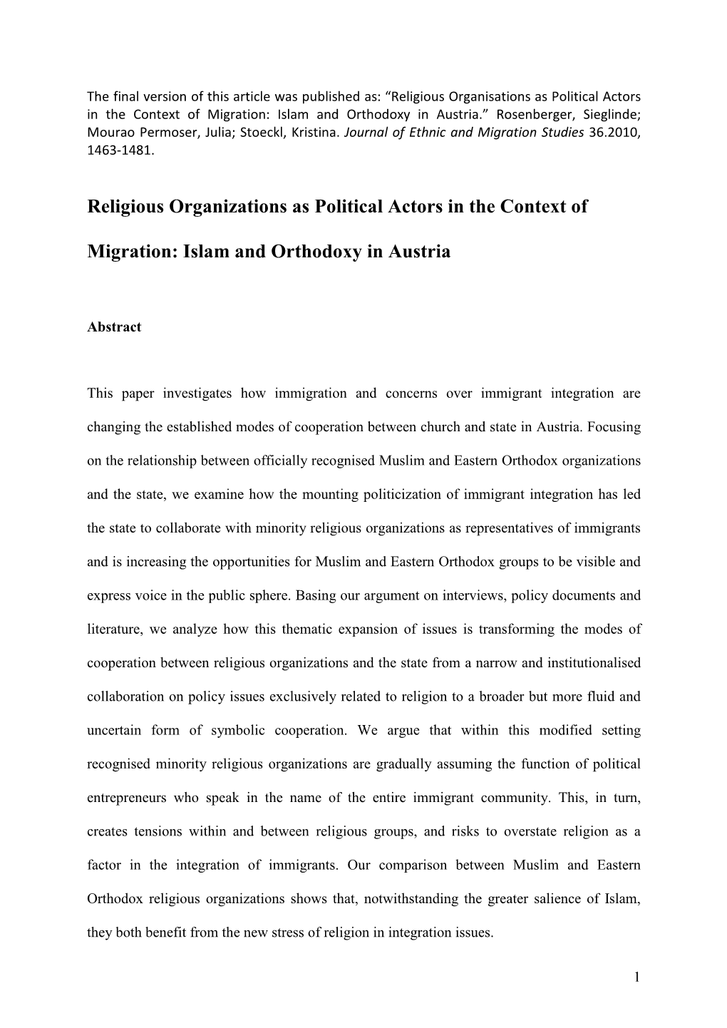 Religious Organizations As Political Actors in the Context of Migration