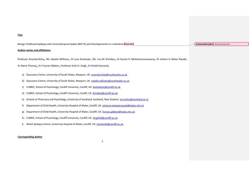 1 Title Benign Childhood Epilepsy with Centrotemporal Spikes
