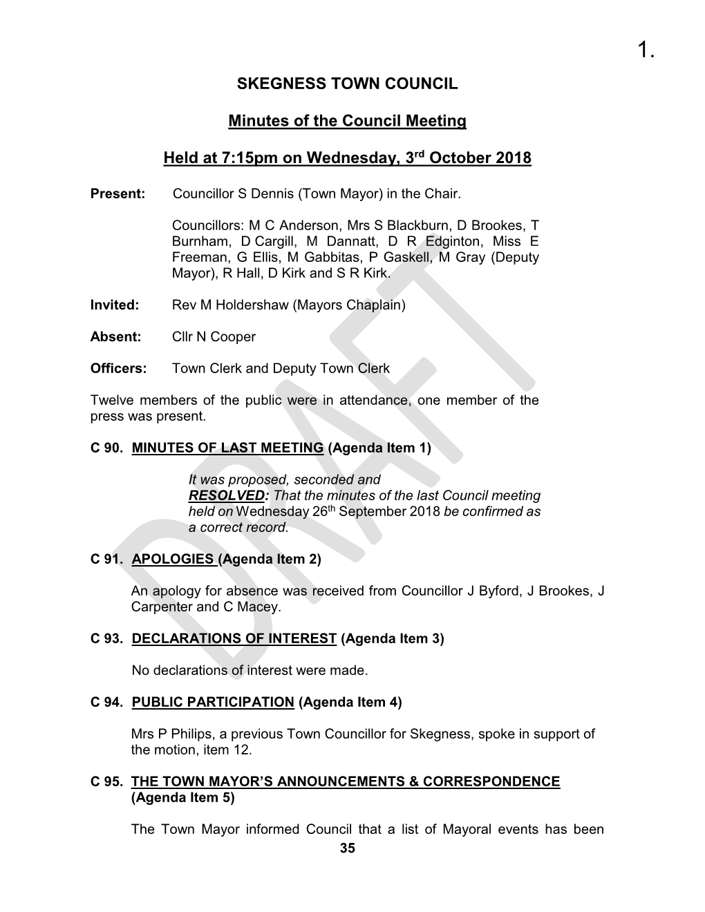 SKEGNESS TOWN COUNCIL Minutes of the Council Meeting Held at 7