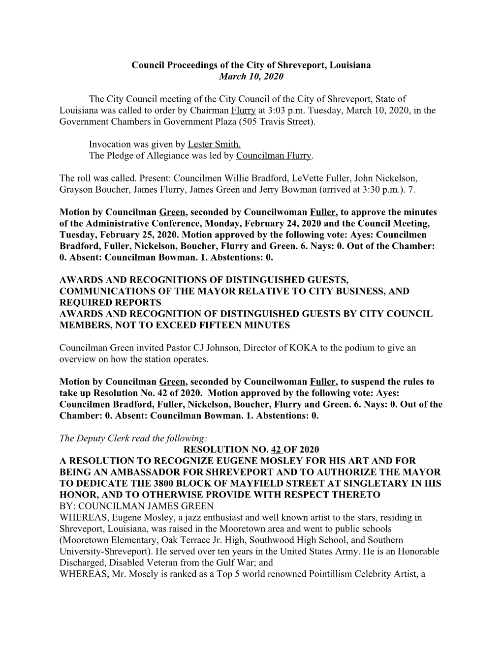 Council Proceedings of the City of Shreveport, Louisiana March 10, 2020