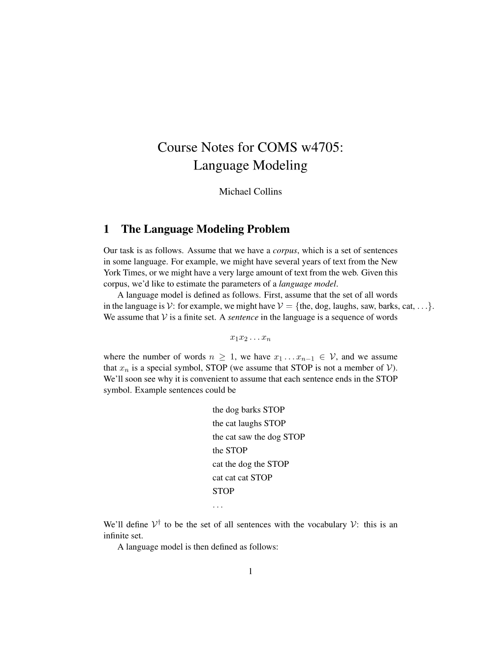 Course Notes for COMS W4705: Language Modeling