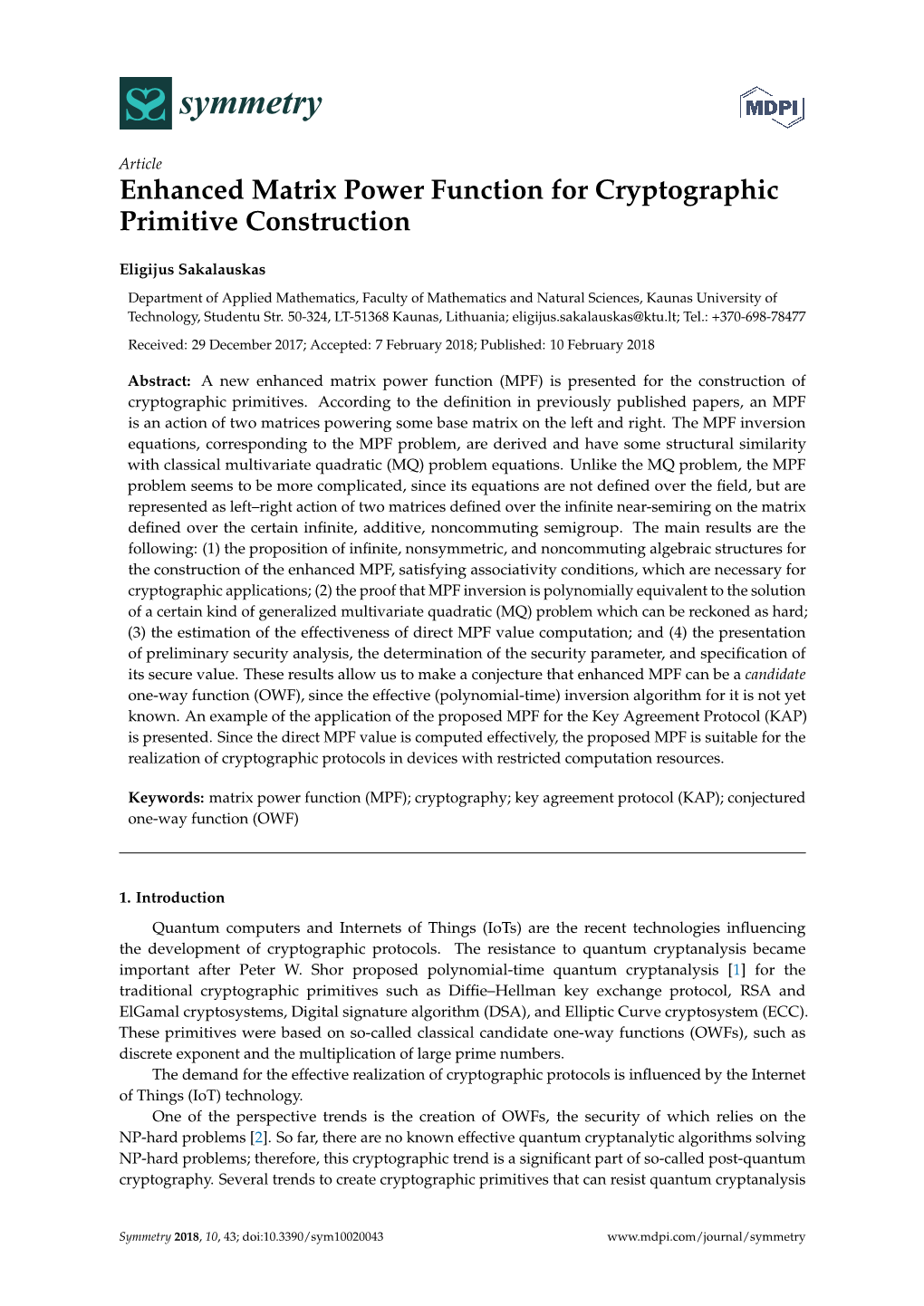 Enhanced Matrix Power Function for Cryptographic Primitive Construction