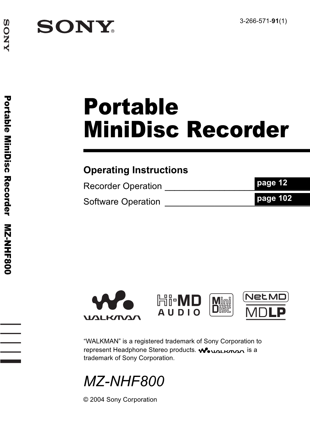 MZ-NHF800 Recorder Minidisc Portable Portable Minidisc Recorder