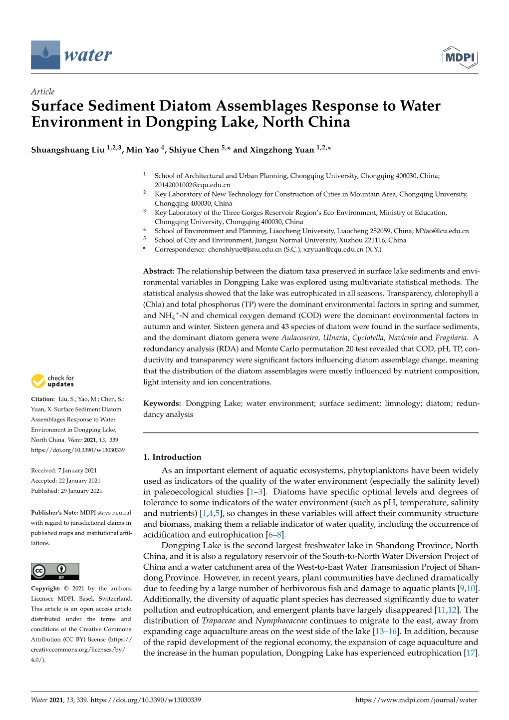 Surface Sediment Diatom Assemblages Response to Water Environment in Dongping Lake, North China