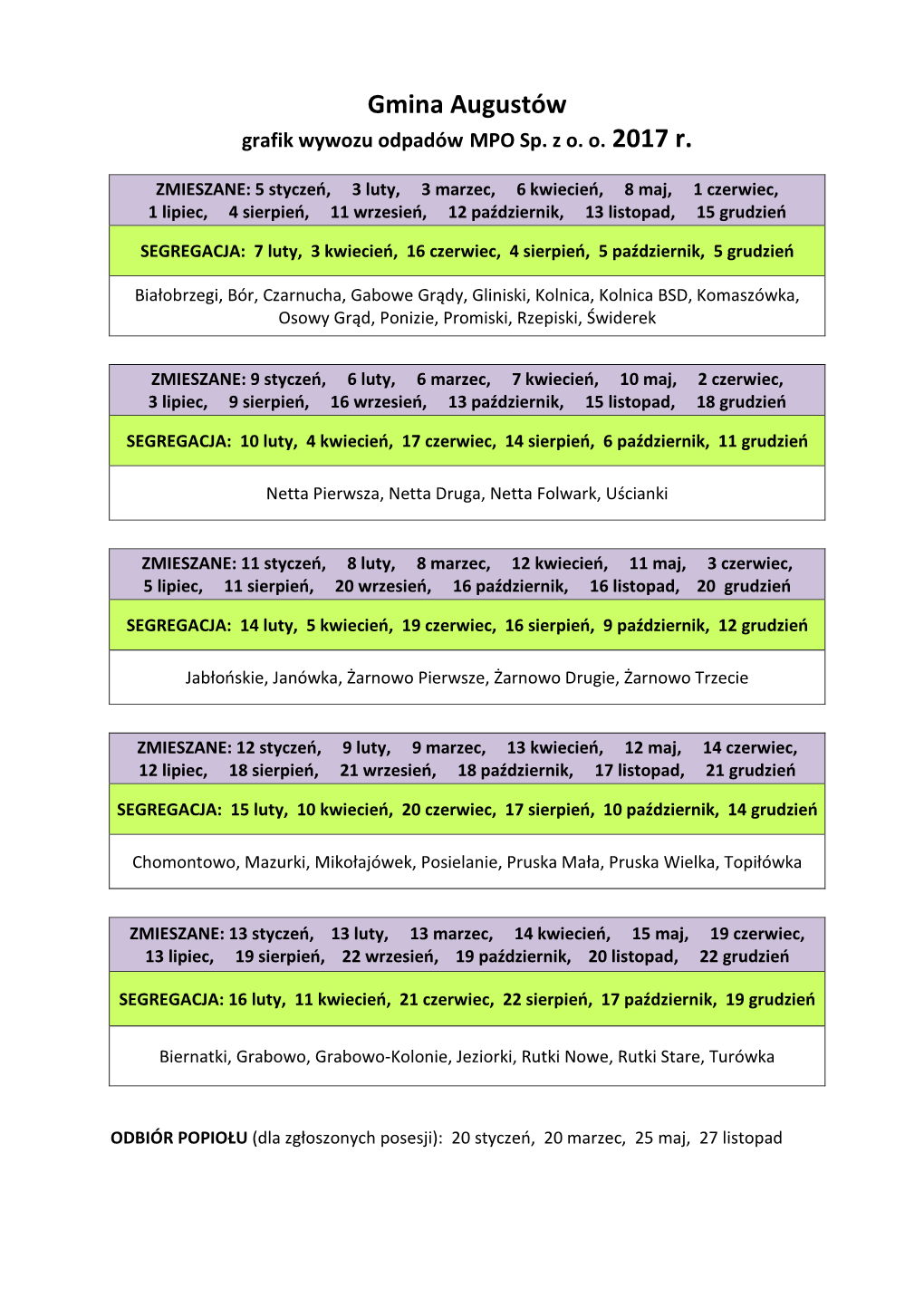 Harmonogram Odbioru Odpadów W Roku 2017