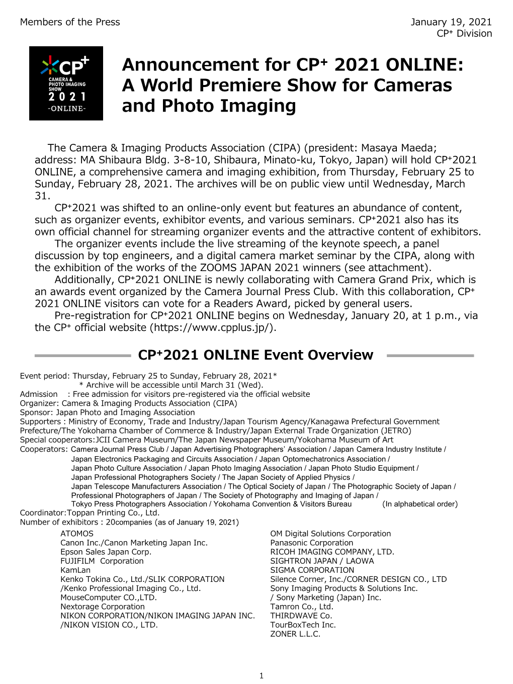 Announcement for CP⁺ 2021 ONLINE: a World Premiere Show for Cameras and Photo Imaging