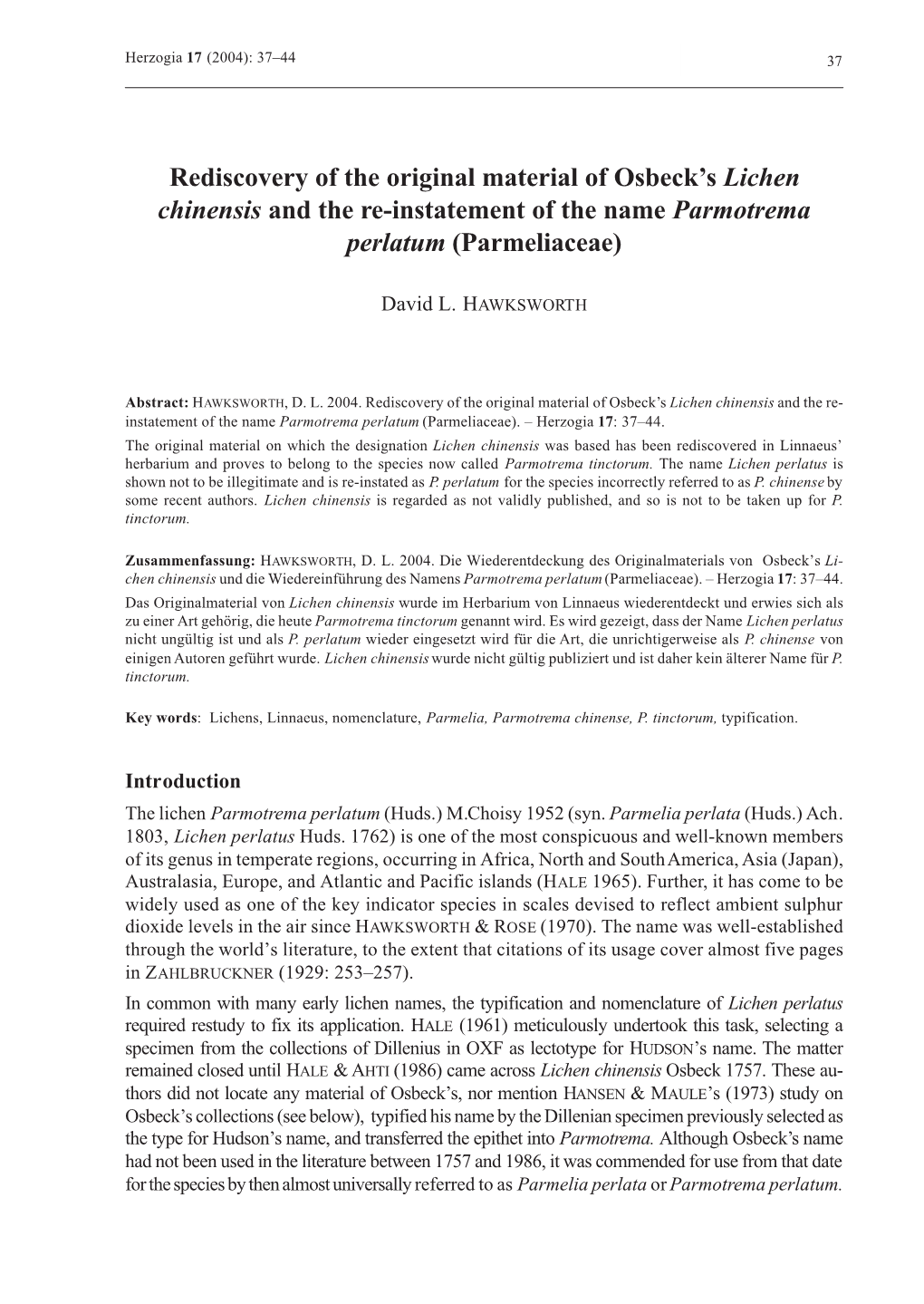 04):: Rediscovery 37–44 of the Original Material of Osbeck’S Lichen Chinensis 37