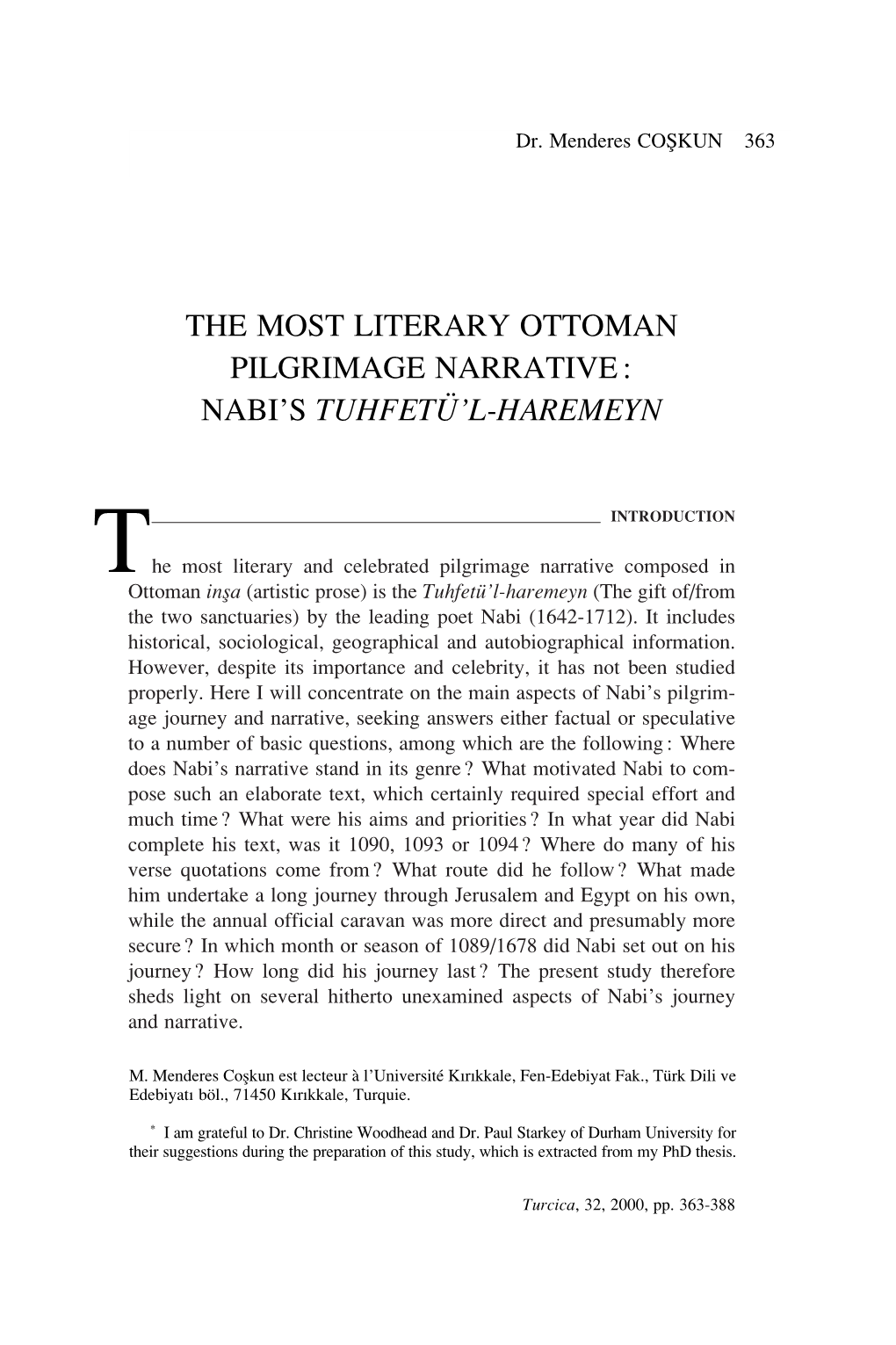 The Most Literary Ottoman Pilgrimage Narrative: Nabi's Tuhfetü'l-Haremeyn