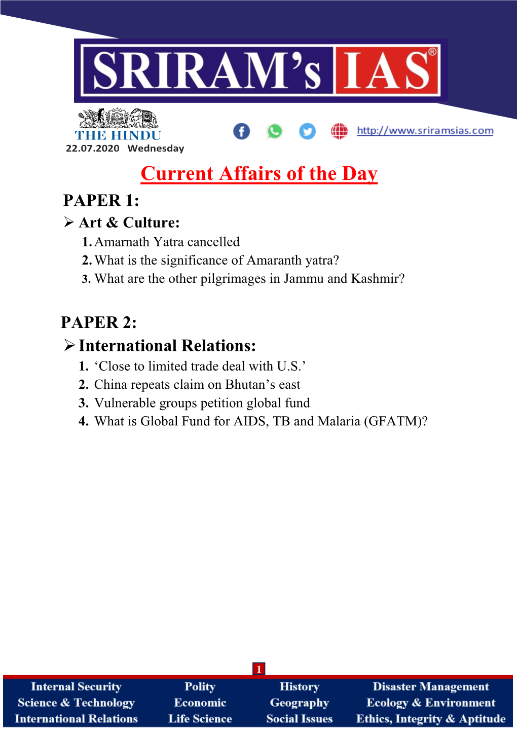 Current Affairs of the Day PAPER 1:  Art & Culture: 1