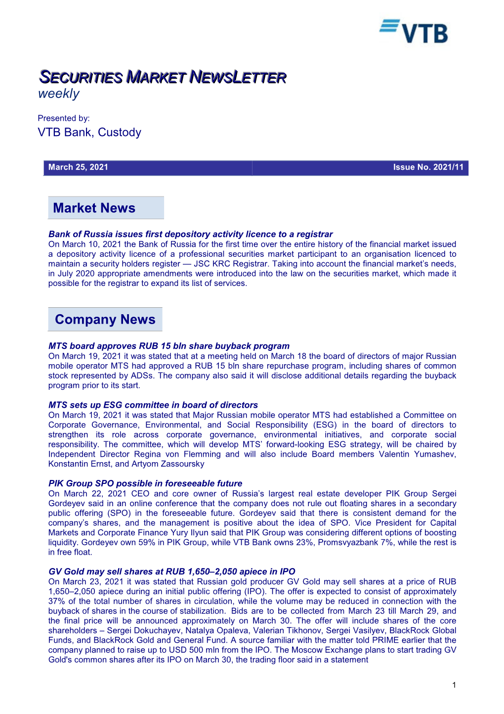 Securities Market Newsletter