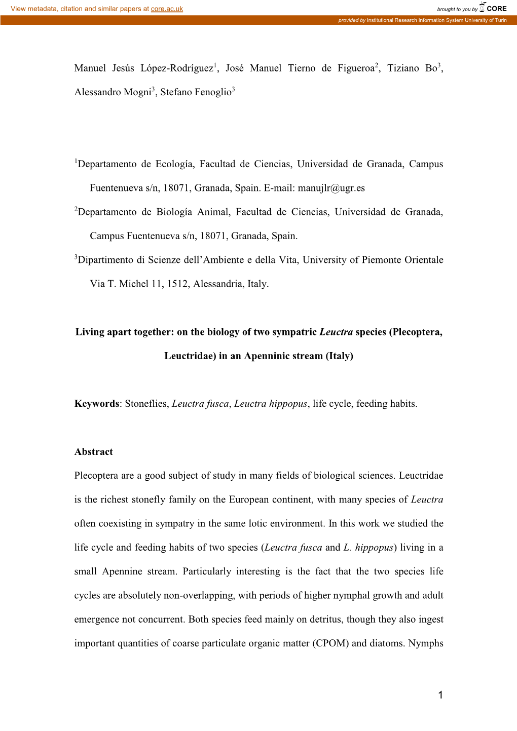 On the Biology of Two Sympatric Leuctra Species (Plecoptera