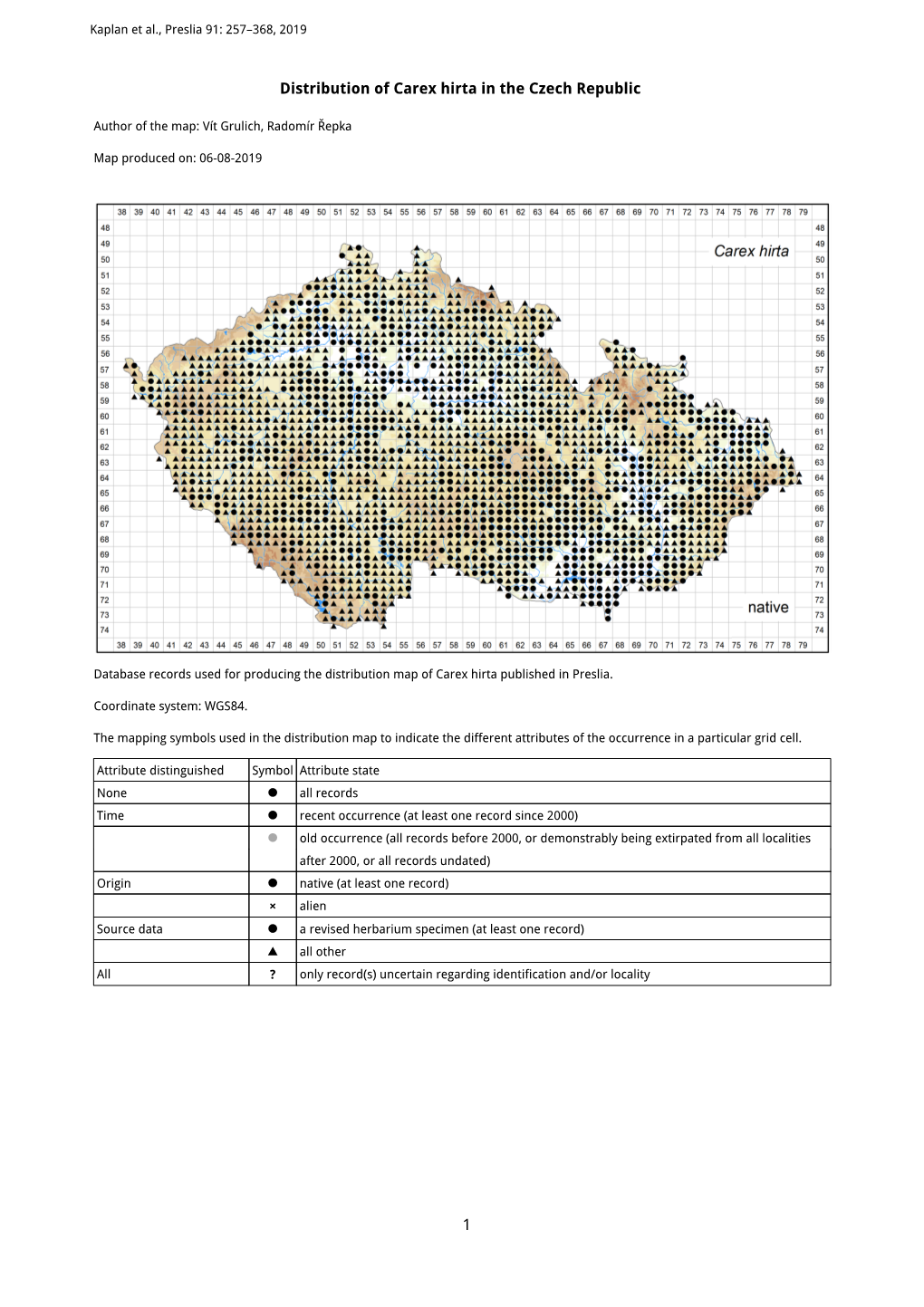 1 Distribution of Carex Hirta in the Czech Republic