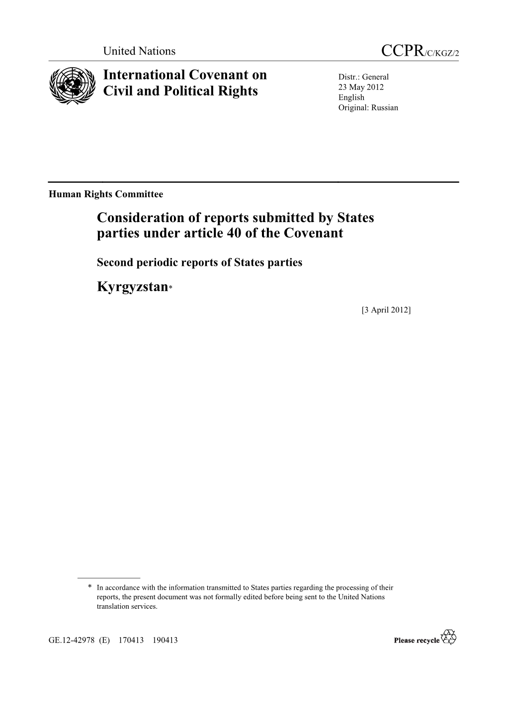 Consideration of Reports Submitted by States Parties Under Article 40 of the Covenant