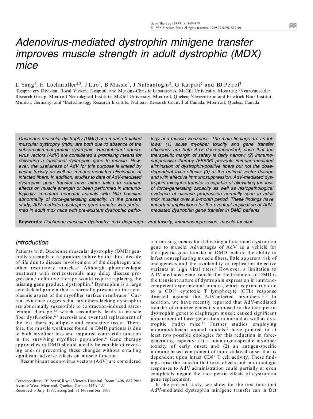 Adenovirus-Mediated Dystrophin Minigene Transfer Improves Muscle Strength in Adult Dystrophic (MDX) Mice