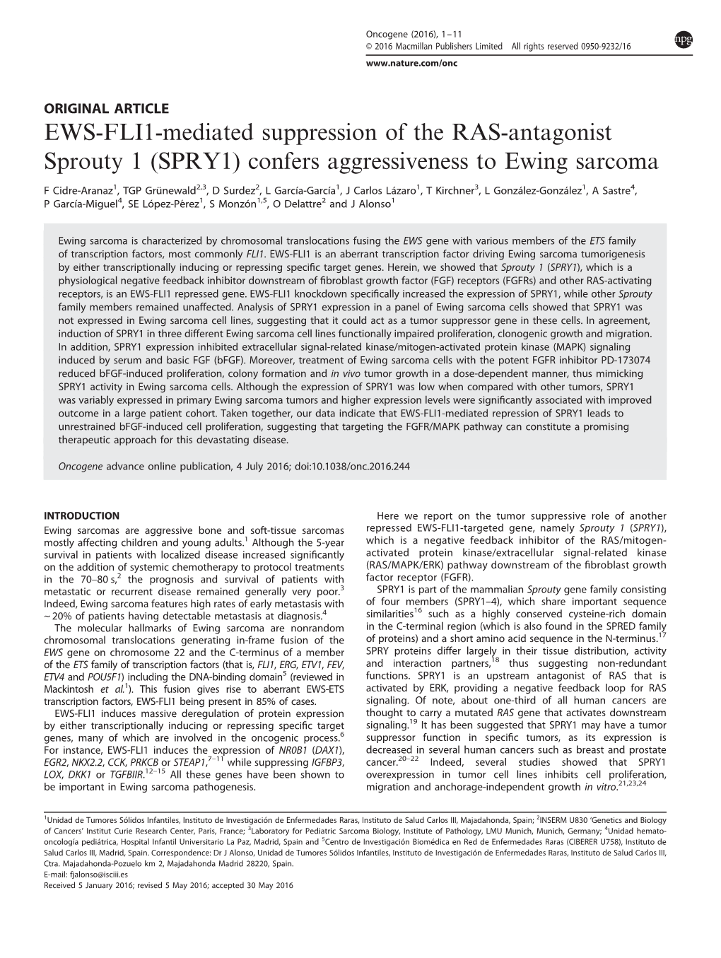 SPRY1) Confers Aggressiveness to Ewing Sarcoma