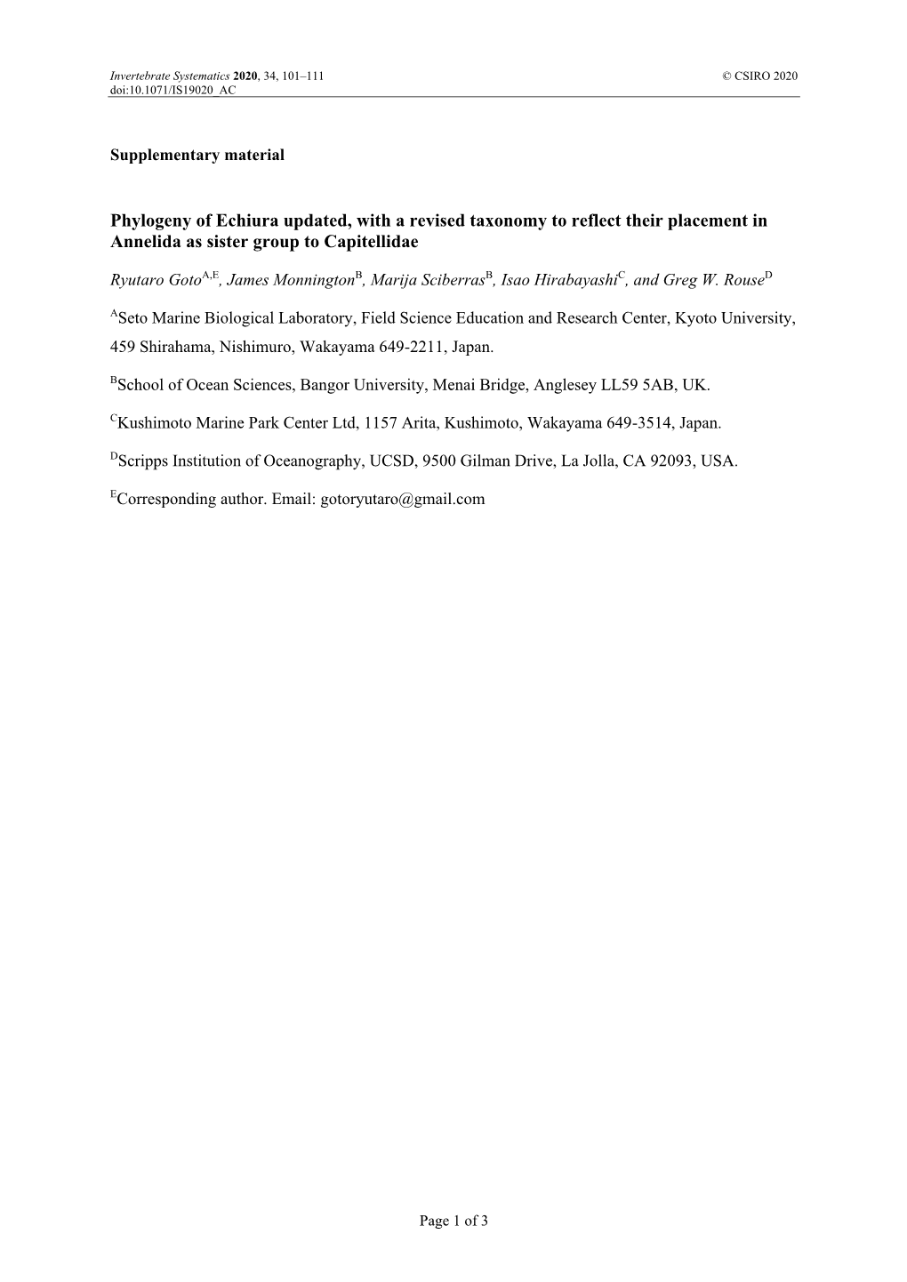 Phylogeny of Echiura Updated, with a Revised Taxonomy to Reflect Their Placement in Annelida As Sister Group to Capitellidae