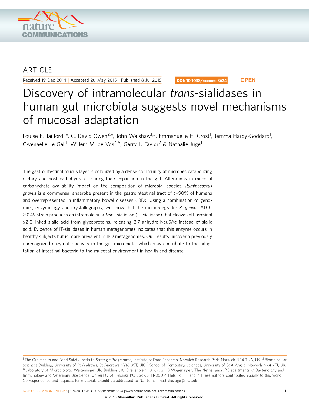Discovery of Intramolecular Trans-Sialidases in Human Gut Microbiota Suggests Novel Mechanisms of Mucosal Adaptation