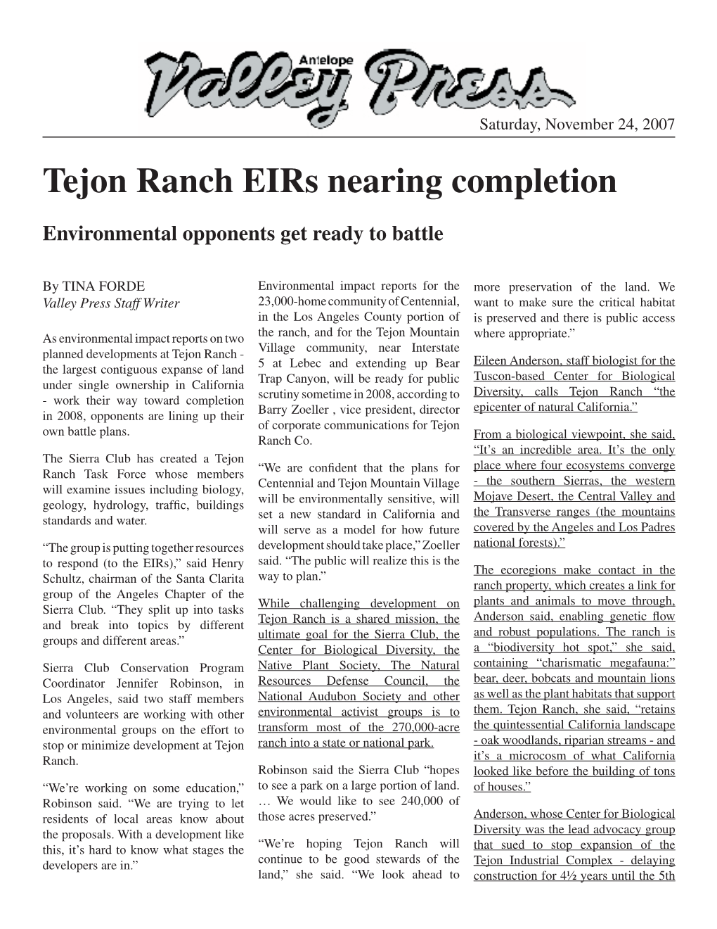Tejon Ranch Eirs Nearing Completion