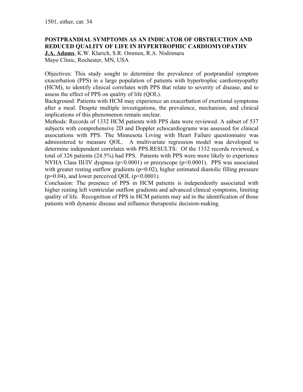 Postprandial Symptoms As an Indicator of Obstruction and Reduced Quality of Life in Hypertrophic