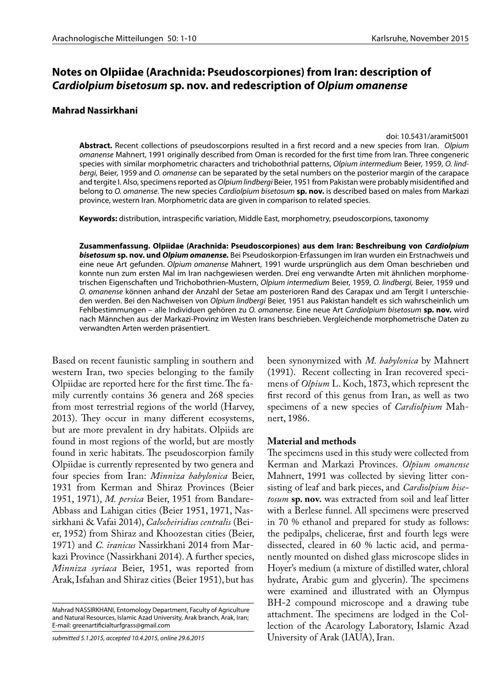 Notes on Olpiidae (Arachnida: Pseudoscorpiones) from Iran: Description of Cardiolpium Bisetosum Sp