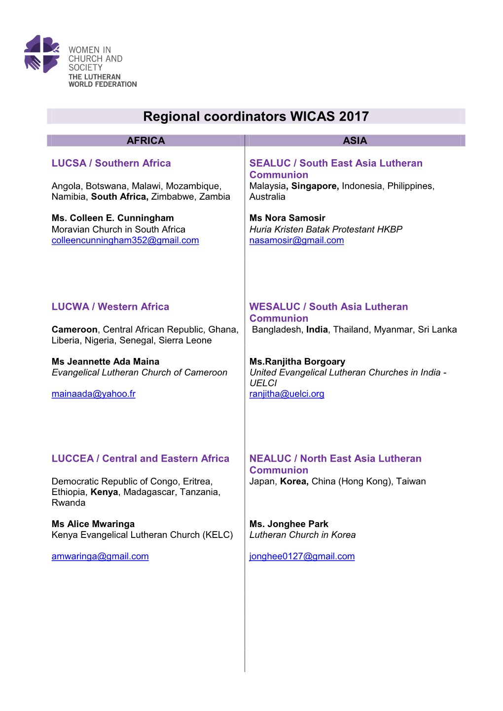 Regional Coordinators WICAS 2017