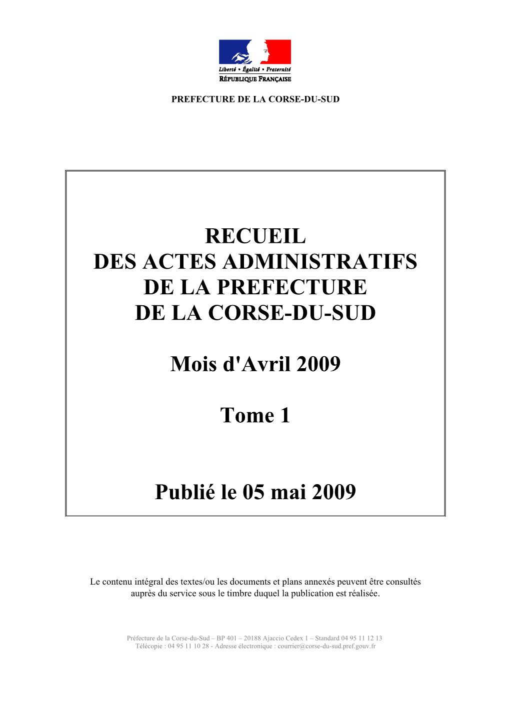 Recueil Des Actes Administratifs De La Prefecture De La Corse-Du-Sud