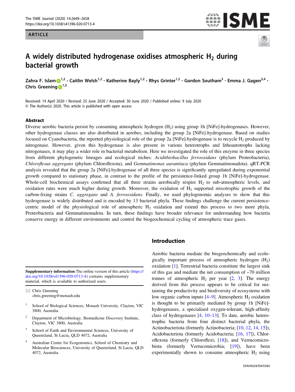 A Widely Distributed Hydrogenase Oxidises Atmospheric H2 During Bacterial Growth