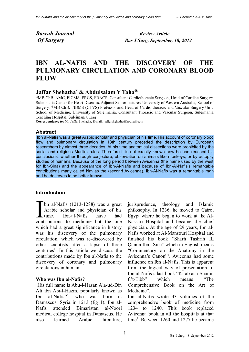 Ibn Al-Nafis and the Discovery of the Pulmonary Circulation and Coronary Blood Flow