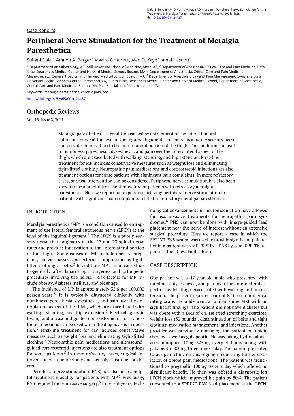 Peripheral Nerve Stimulation for the Treatment of Meralgia Paresthetica