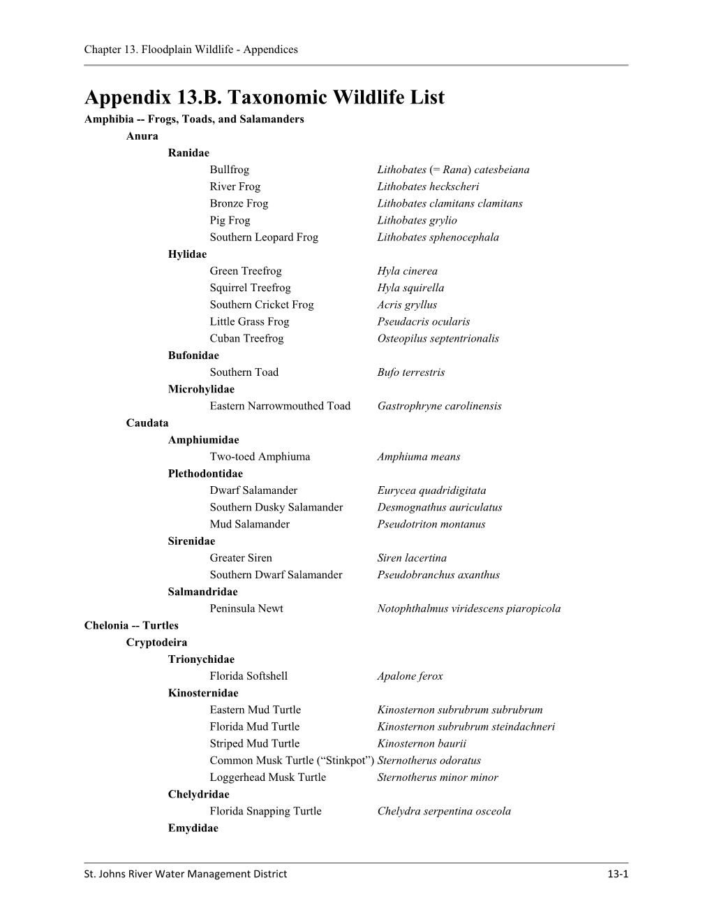 Appendix 13.B. Taxonomic Wildlife List