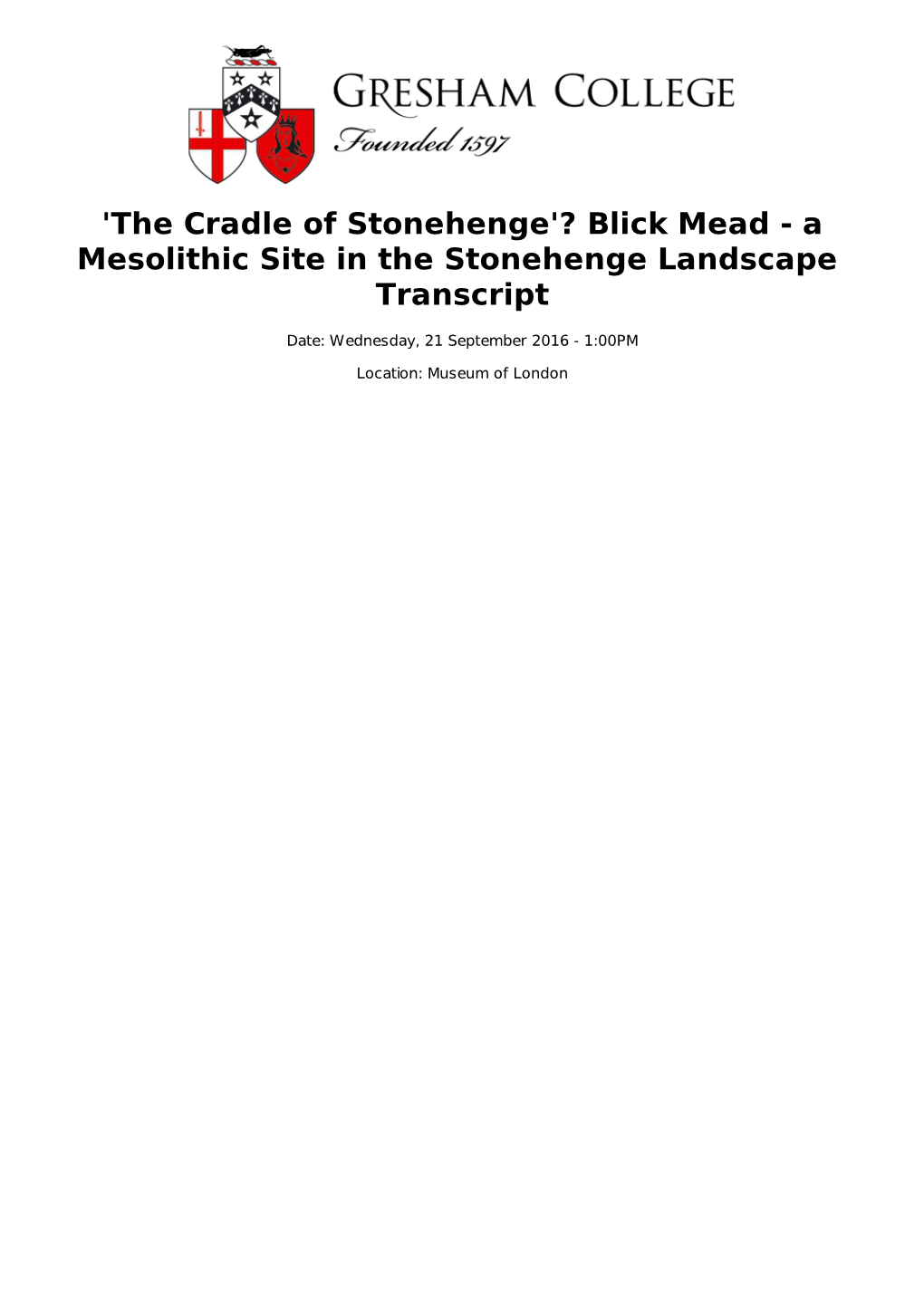 Blick Mead - a Mesolithic Site in the Stonehenge Landscape Transcript