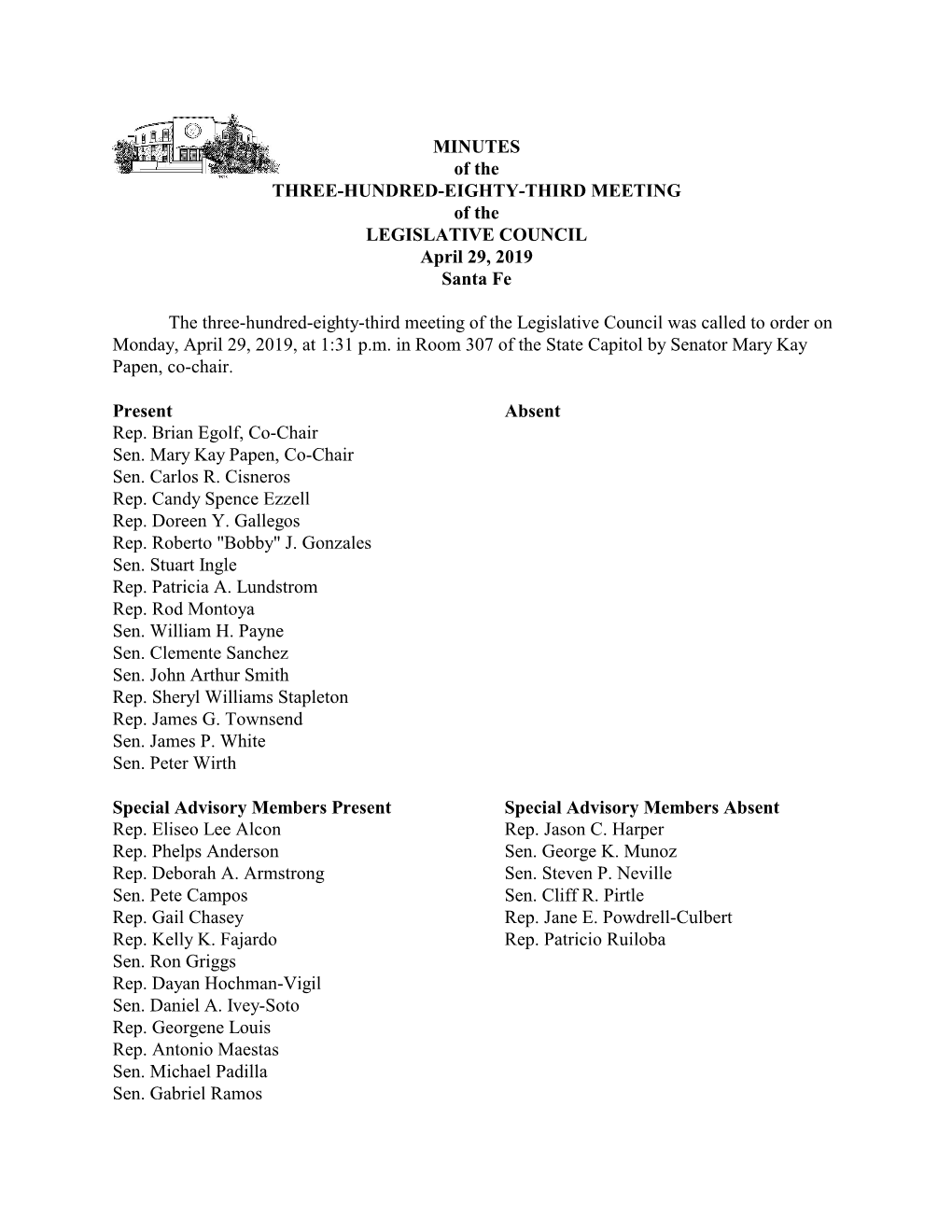 MINUTES of the THREE-HUNDRED-EIGHTY-THIRD MEETING of the LEGISLATIVE COUNCIL April 29, 2019 Santa Fe the Three-Hundred-Eighty-Th