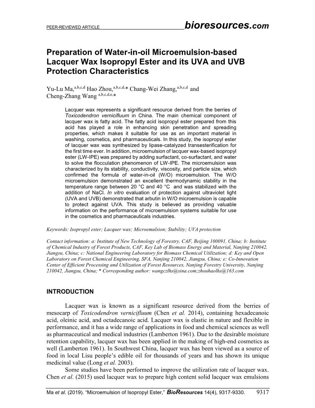 Preparation of Water-In-Oil Microemulsion-Based Lacquer Wax Isopropyl Ester and Its UVA and UVB Protection Characteristics