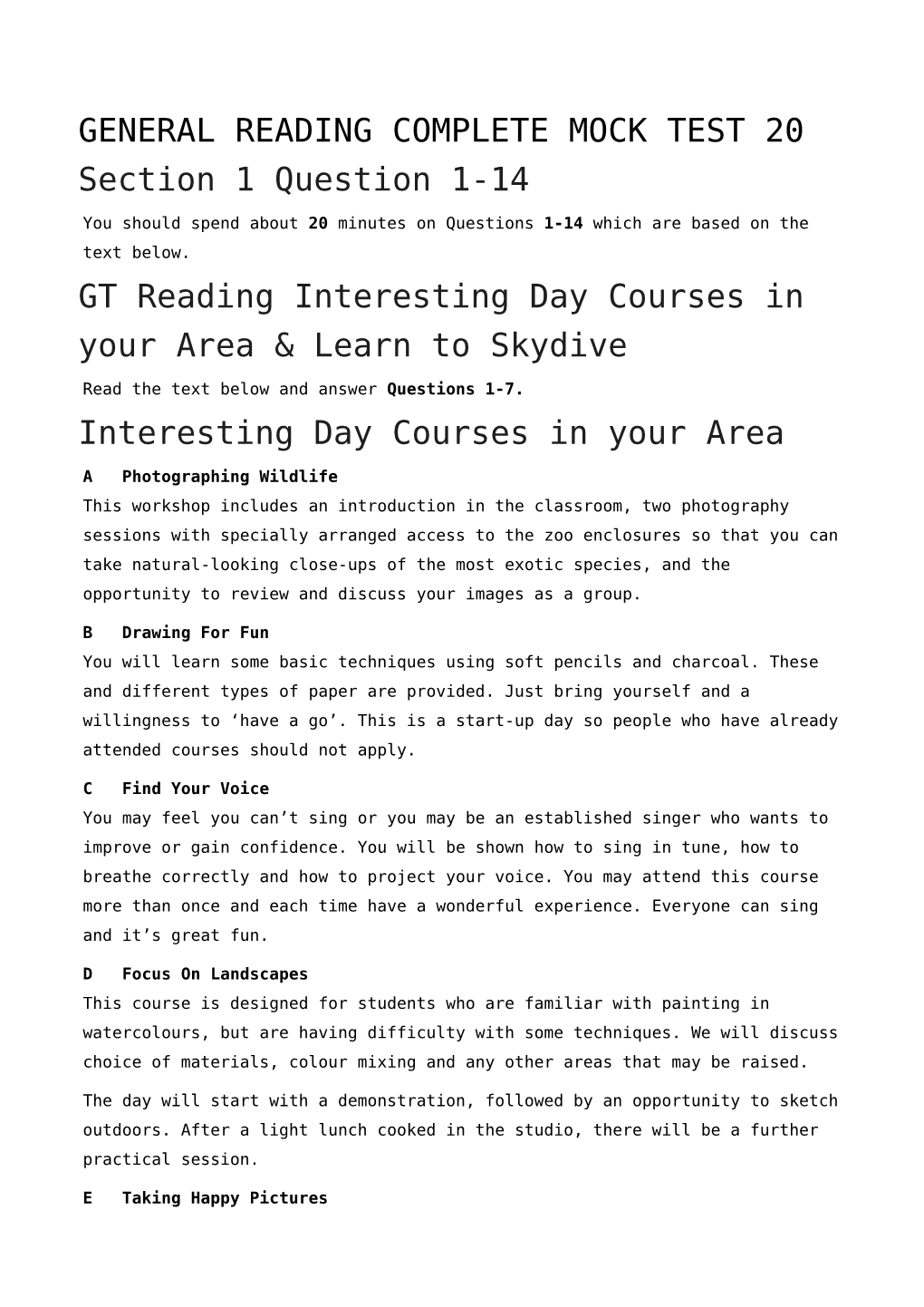 GENERAL READING COMPLETE MOCK TEST 20 Section 1 Question 1-14